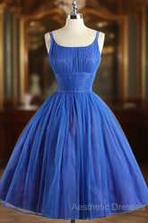 Scoop Neckline Royal Blue Party Dresses, A-Line Spaghetti Strap Short Evening Dresses